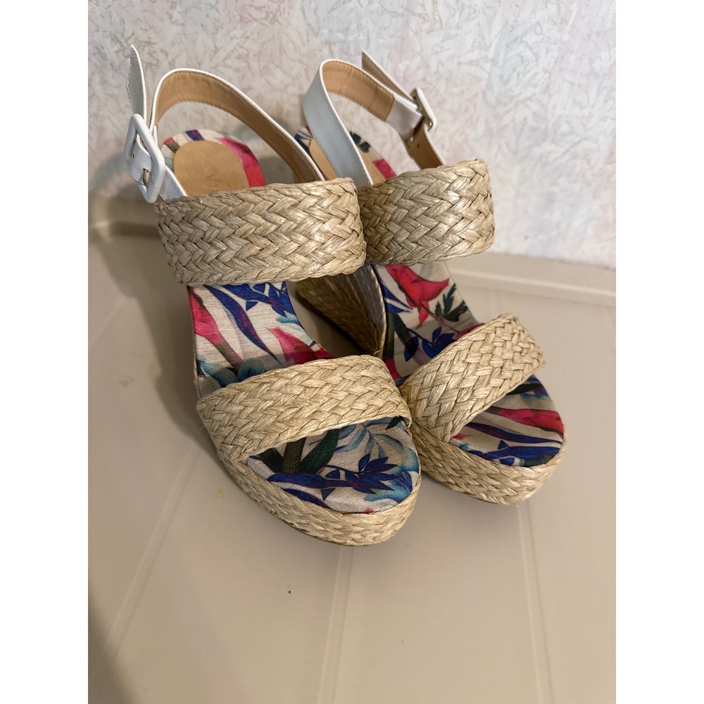 Vicenza Tropical Floral Woven Raffia Platform Wedge Sandals White Ankle Strap